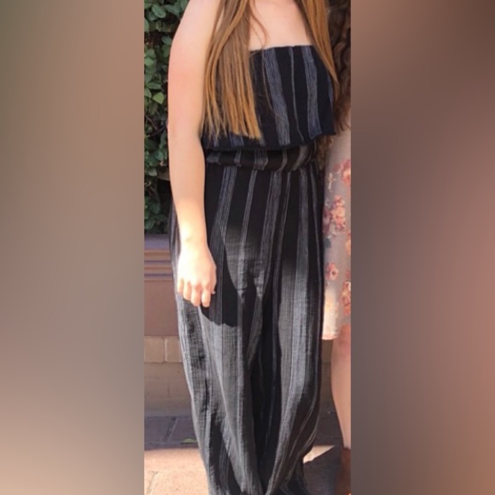 A New Day Flowy Wide Leg Pinstripe Lace Jumpsuit